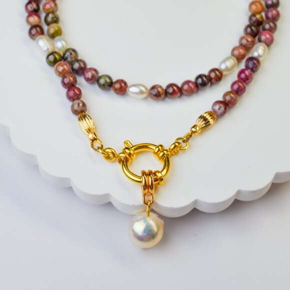 Tourmaline & Edison Pearl Pendant Necklace 20" - Picture 1 of 7